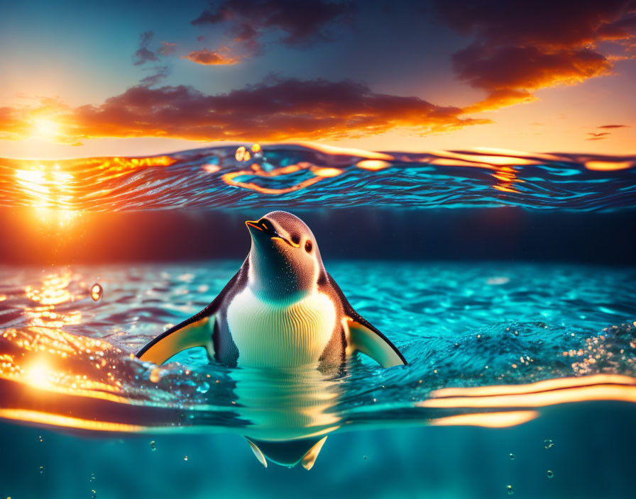 Penguin swimming in sunset with orange and blue sky reflection