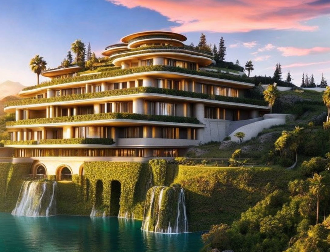 Luxurious multi-tiered building with green terraces overlooking waterfall and lake at sunset