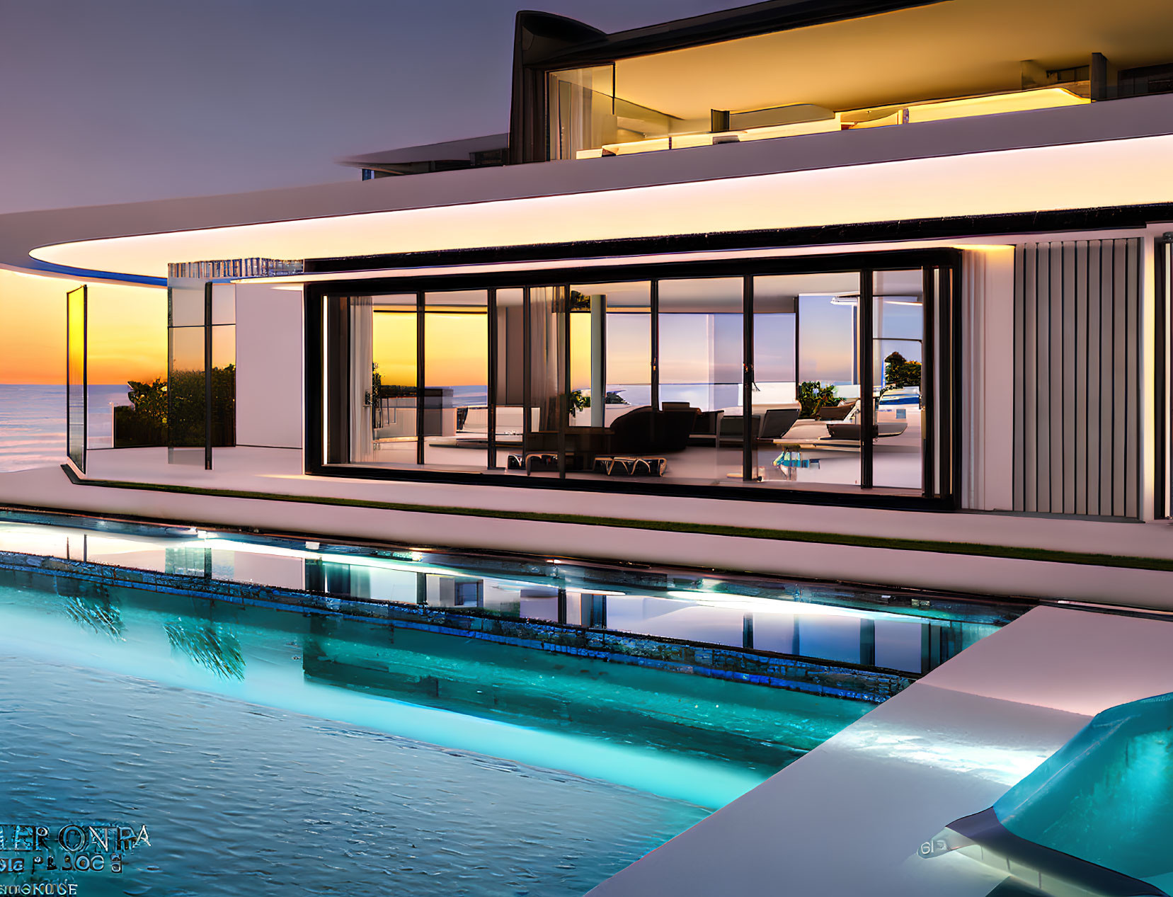 Luxurious Beachfront Villa with Illuminated Interior and Infinity Pool at Dusk