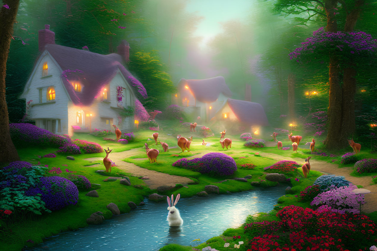 Tranquil woodland scene with thatched cottage, blooming flowers, stream, deer, and rabbit