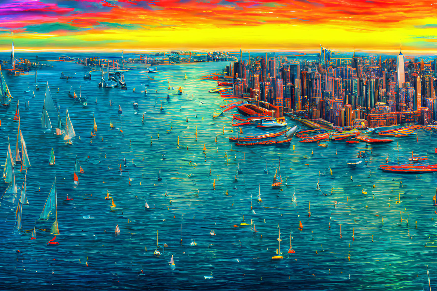 Colorful cityscape with boats on water under sunset sky and skyscrapers.