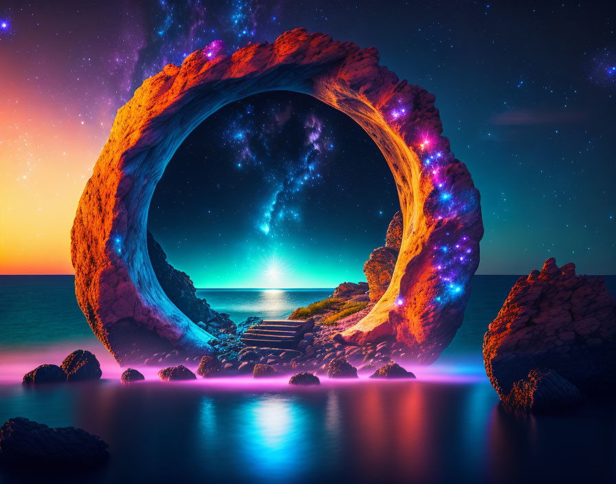 Coastline rock arch under starry sky with vibrant colors and shining star.