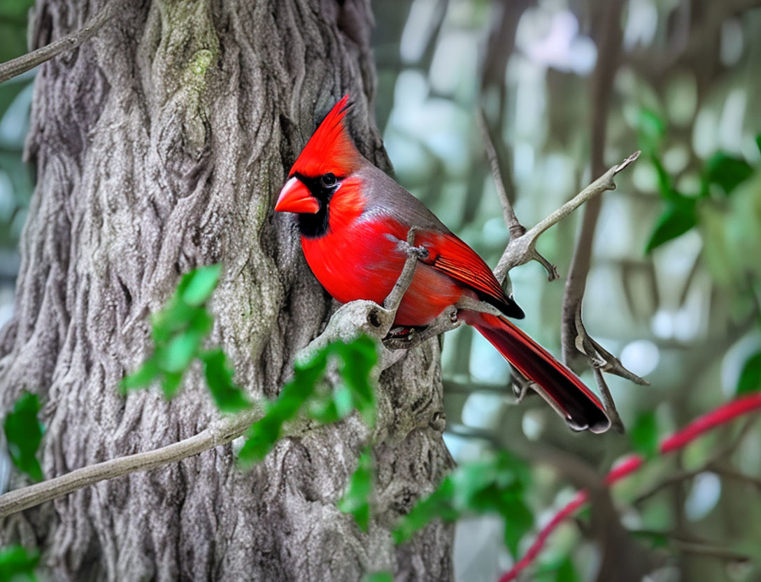 Red Cardinal on Textured Tree Branch with Green Leaves