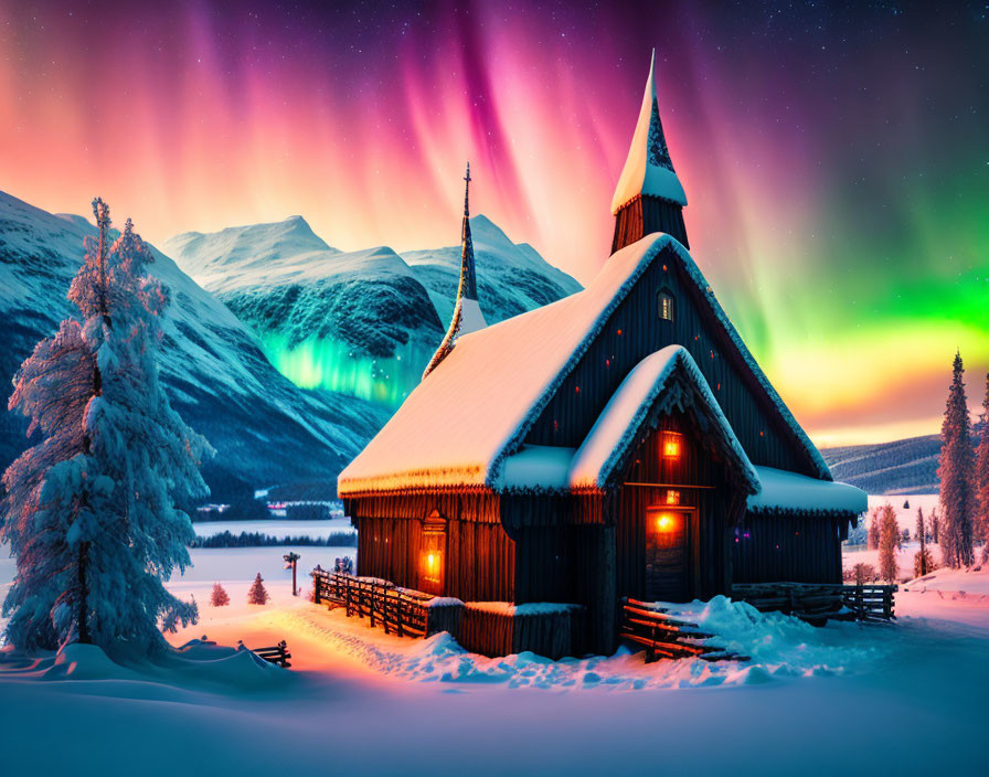 Snowy Mountain Landscape: Cozy Cabin and Glowing Aurora Borealis at Dusk