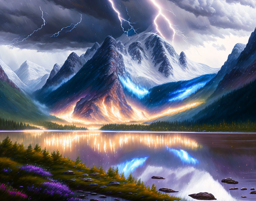 Digital Art: Mountain Range with Aurora, Lightning, and Lake