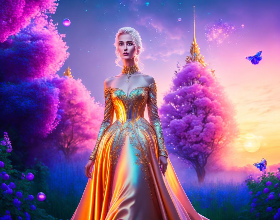 Vibrant woman in golden gown in surreal fantasy landscape