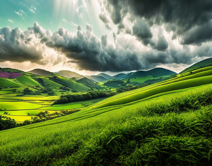 Lush countryside landscape with vibrant green hills and dramatic sky