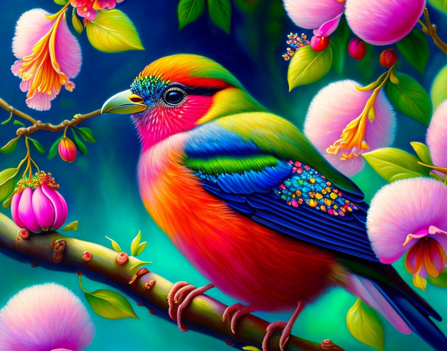 Colorful Rainbow Bird Perched Among Pink Flowers