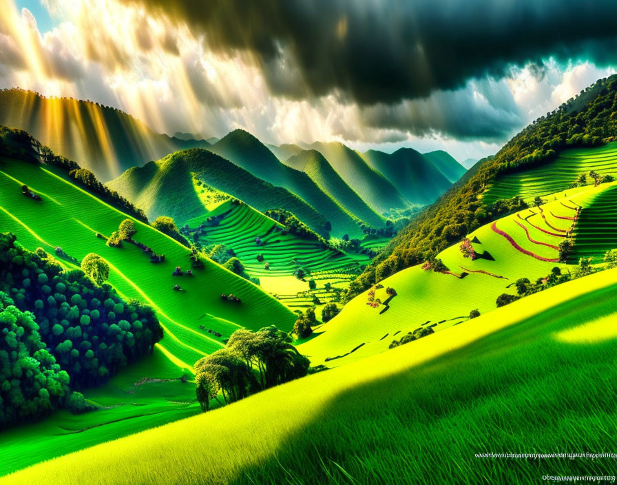 Sun rays illuminating green hills and agricultural fields under cloudy skies