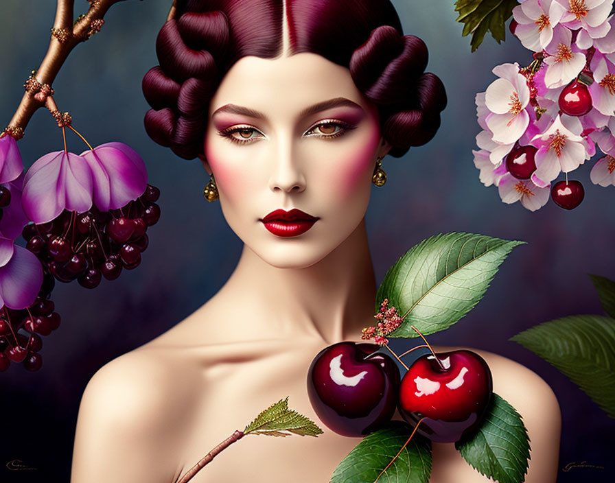 Illustration of woman with purple hair, red lips, green eyes, cherries, and blossoms