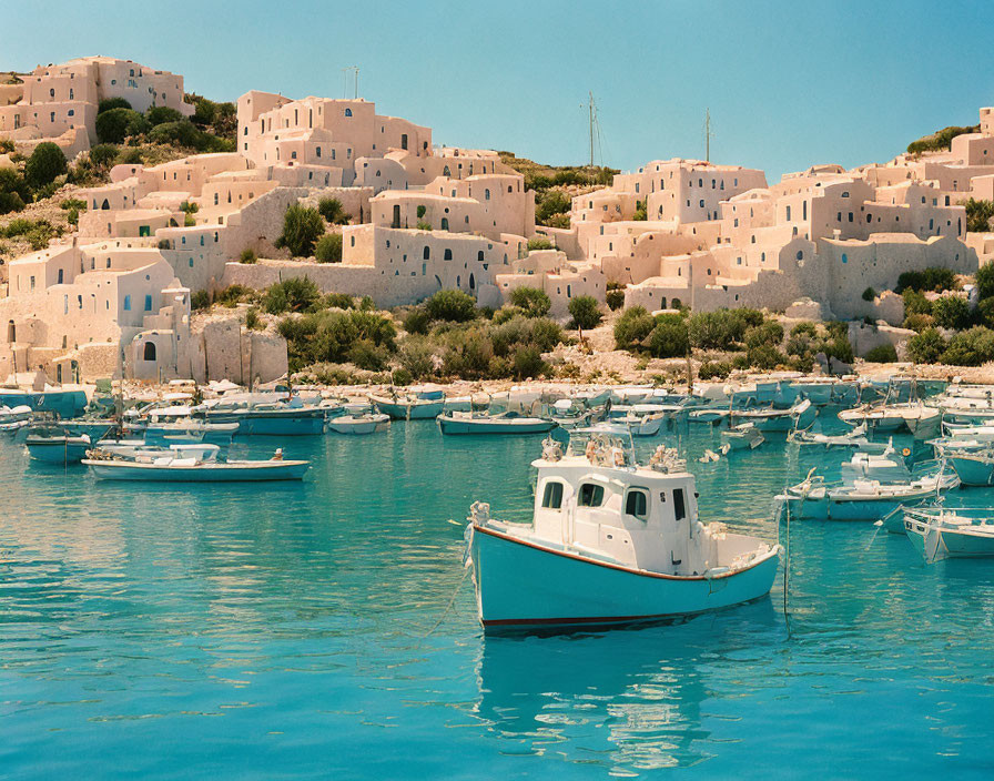 Tranquil harbor scene with blue boat, white buildings, and clear sky