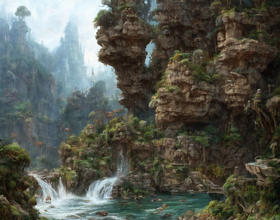 Mystical landscape with towering rock formations and waterfall in lush greenery