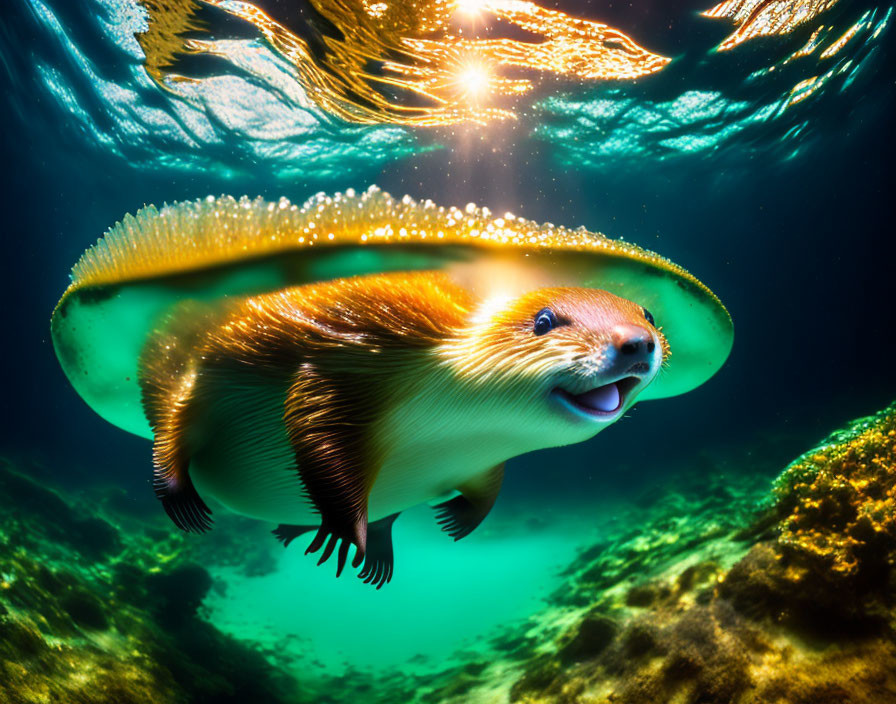 Otter swimming underwater with sunlight halo.
