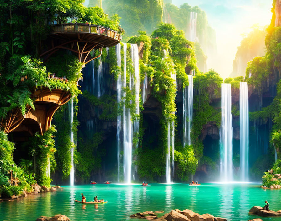 Utopian paradise with lush greenery, waterfalls, cliffside structure, and tranquil lake