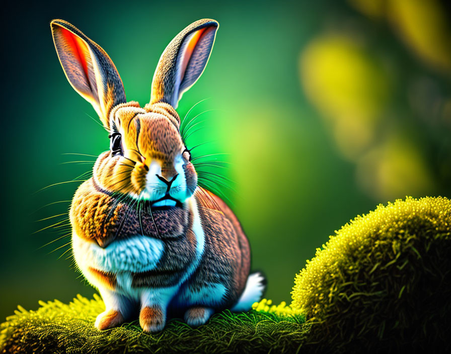 Colorful digital artwork: Rabbit with exaggerated ears on mossy surface