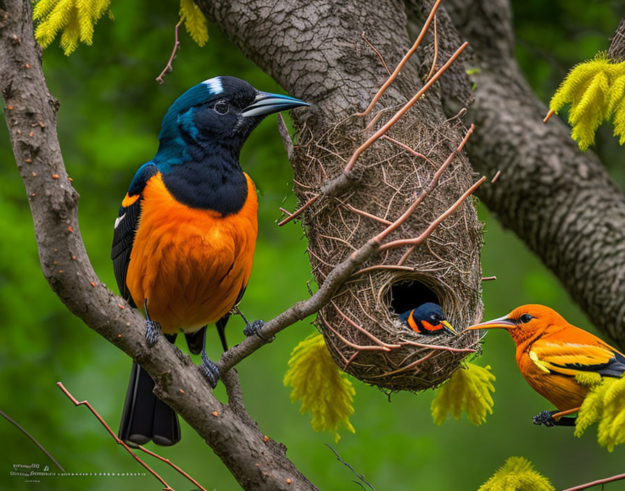 Colorful bird perched near nest with chick, observed by another bird in foliage