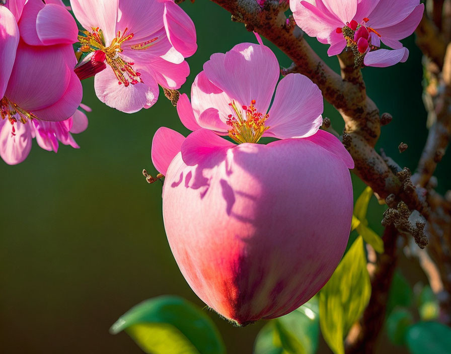 Pink Cherry Blossoms with Prominent Stamens in Sunlight