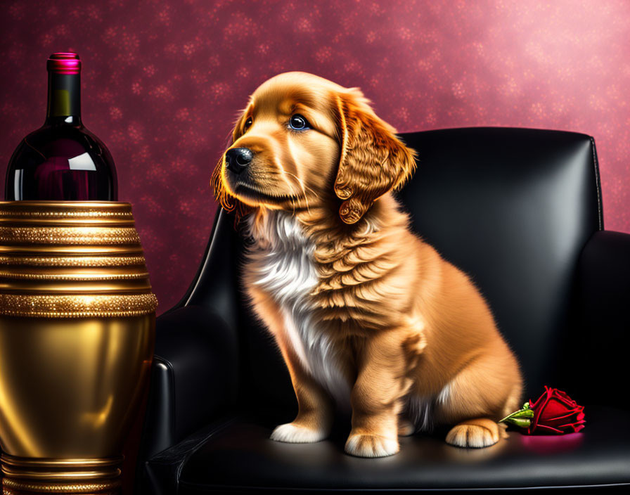 Golden-Brown Puppy with Wine Bottle, Vase, and Rose on Black Chair