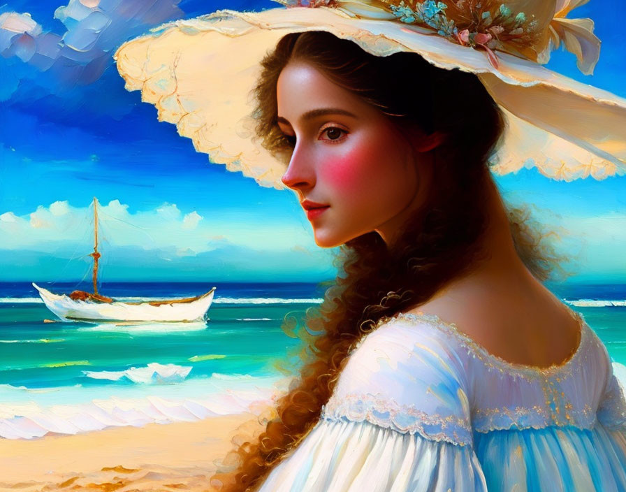 Vintage Dress Woman Painting by the Sea with Sailboat