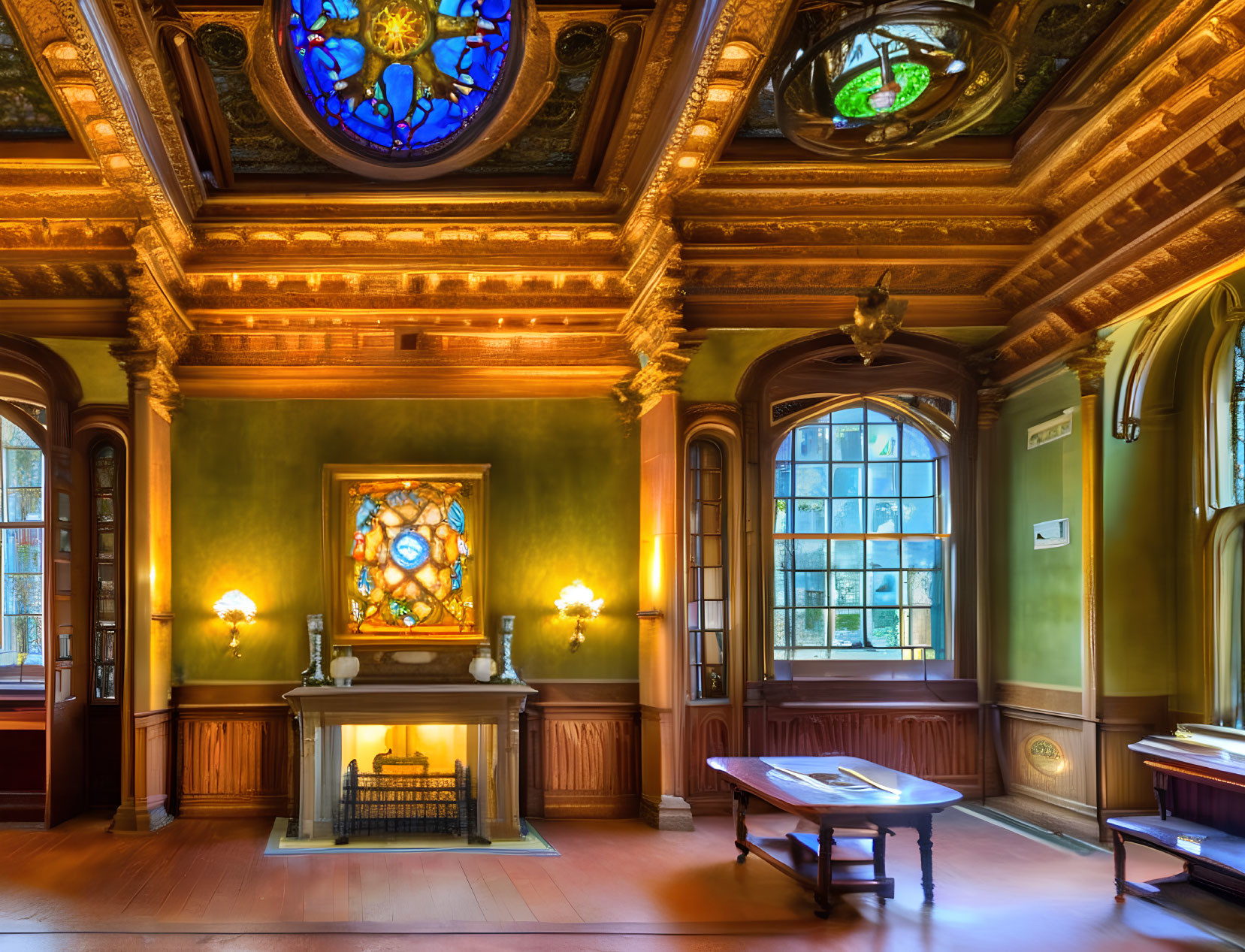 Elegant Room with Fireplace, Stained Glass, Wood Paneling