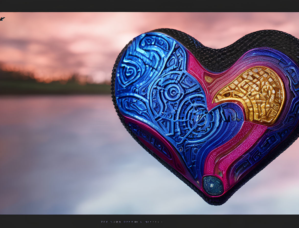 Colorful Heart-Shaped Object with Blue and Golden Patterns on Sunset Background