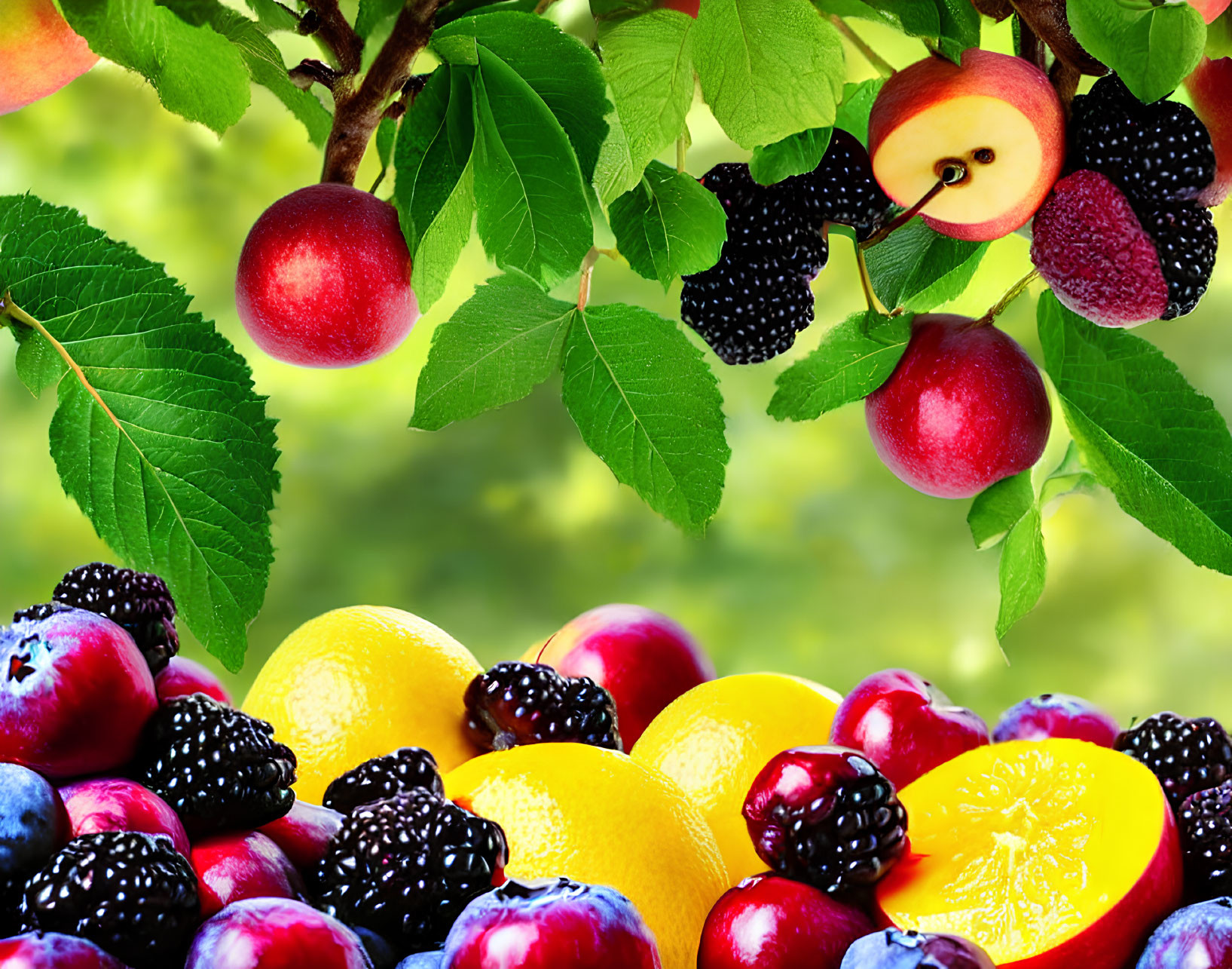 Assorted fresh fruits on green leaves with blurred background