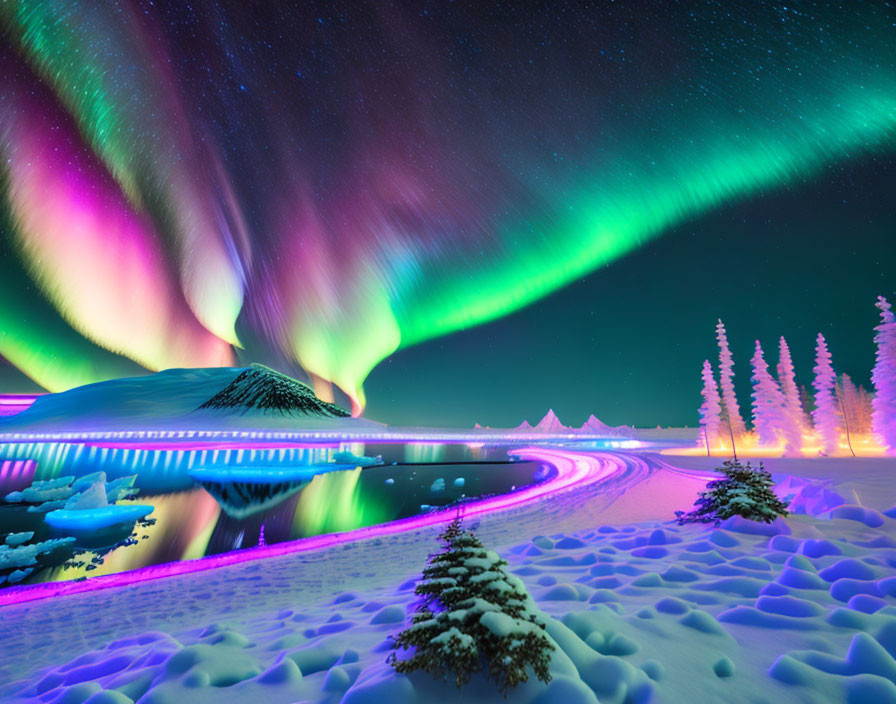 Starry night sky with vivid aurora borealis over snowy landscape