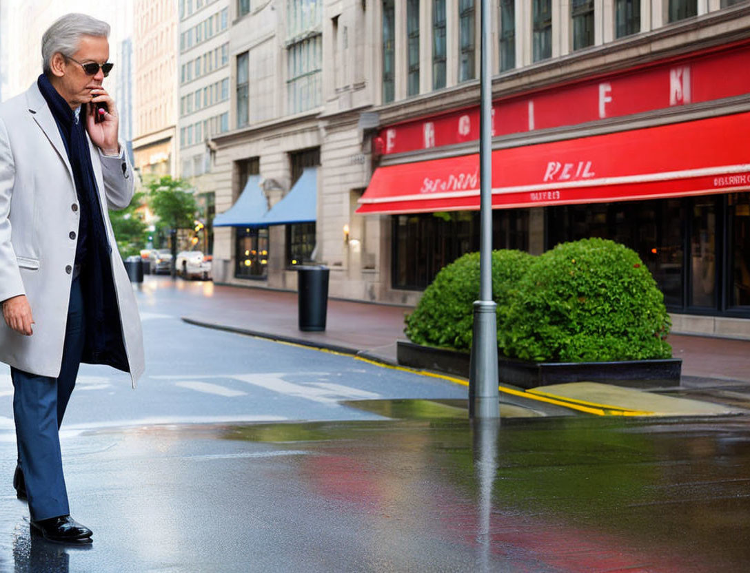 Elderly man in coat and sunglasses talking on cellphone in city street.