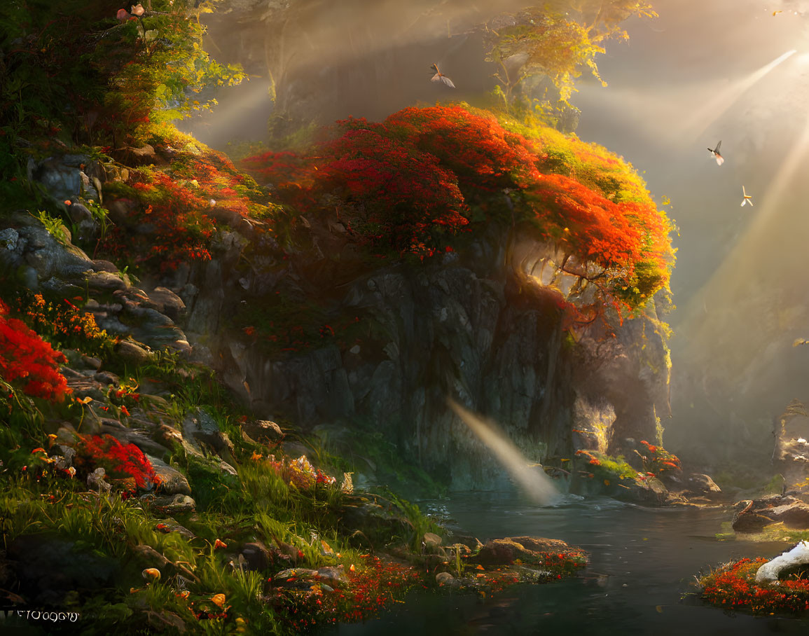 Tranquil forest waterfall with red-leafed trees and sunbeams