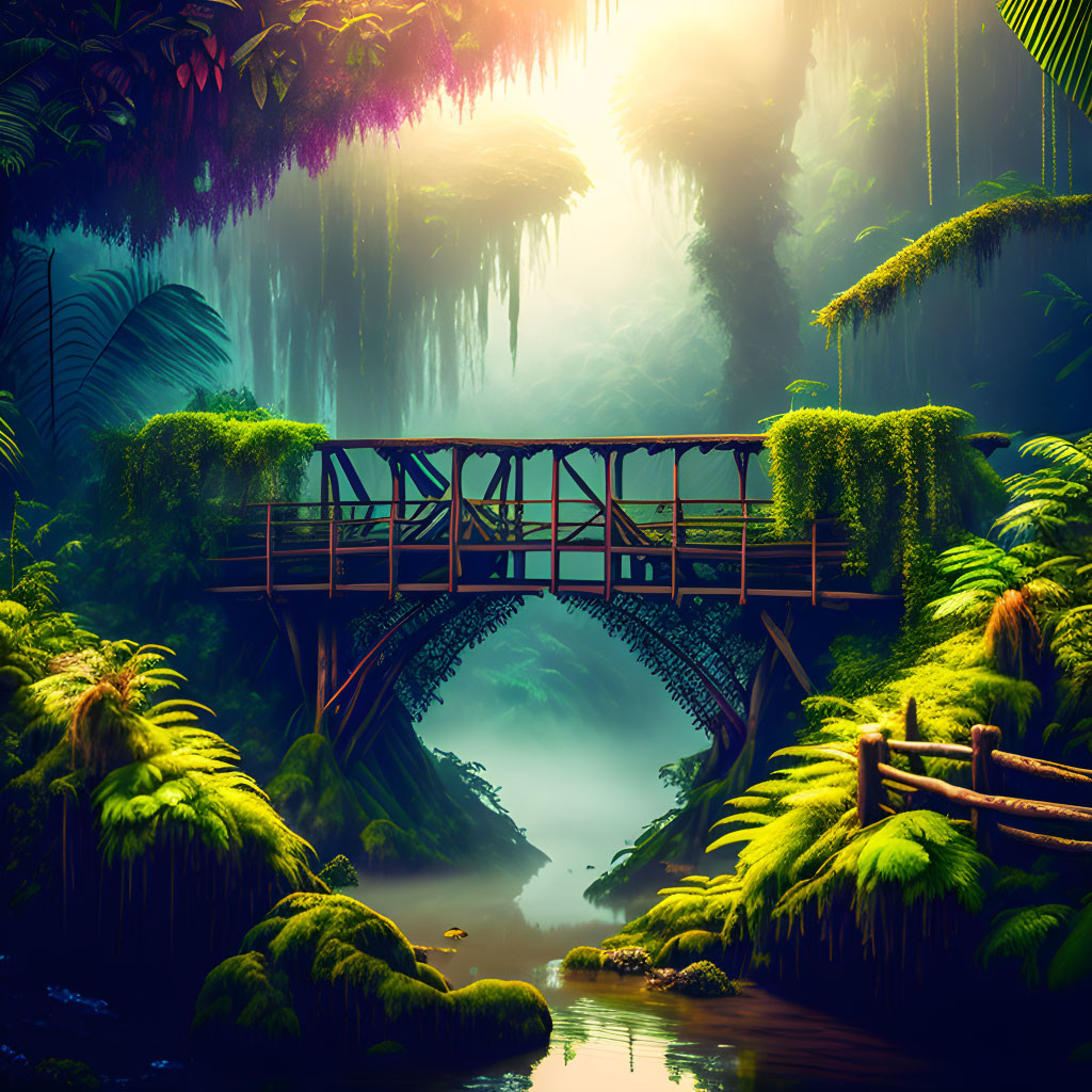 Serene wooden bridge over lush river in misty forest