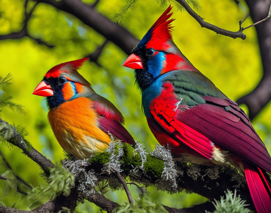 Colorful Birds with Red Crests Perched on Tree Branch