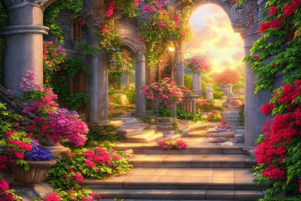 Tranquil garden pathway with blooming flowers and classic architecture at sunset