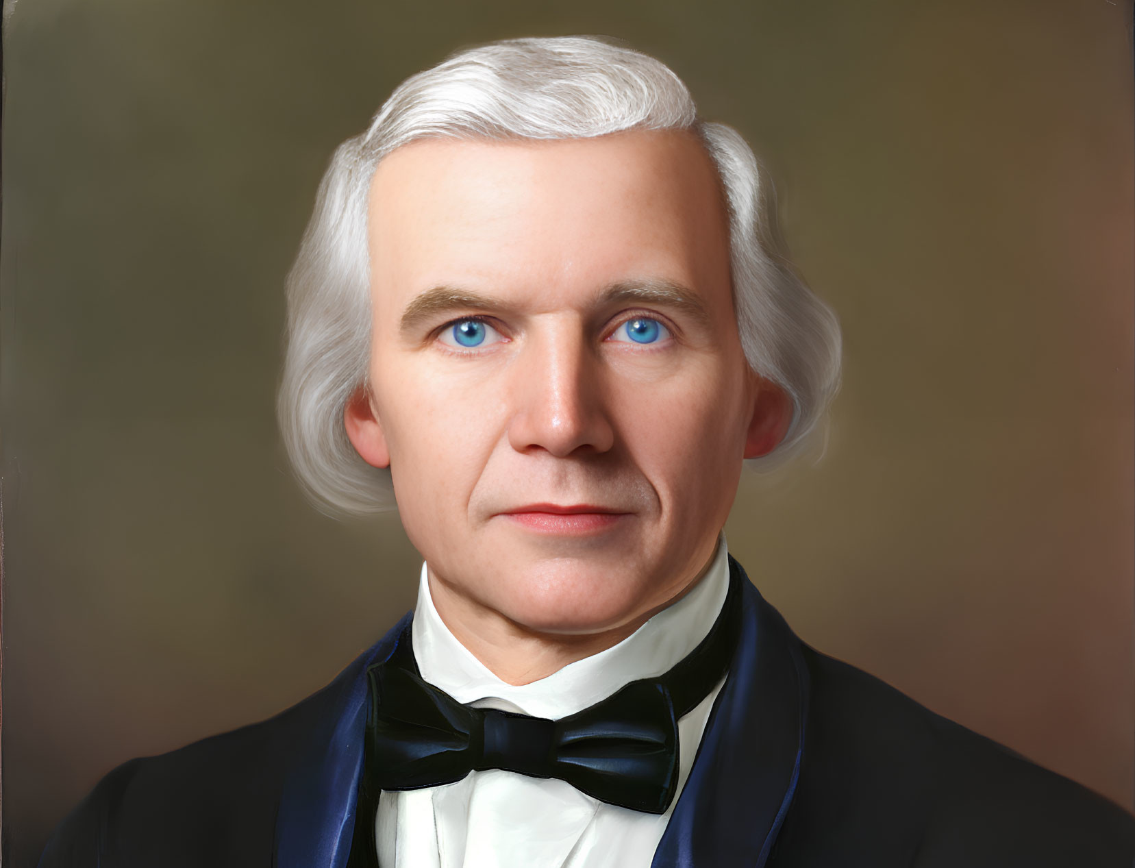 Man with White Hair and Blue Eyes in Black Bow Tie and Jacket on Warm Background