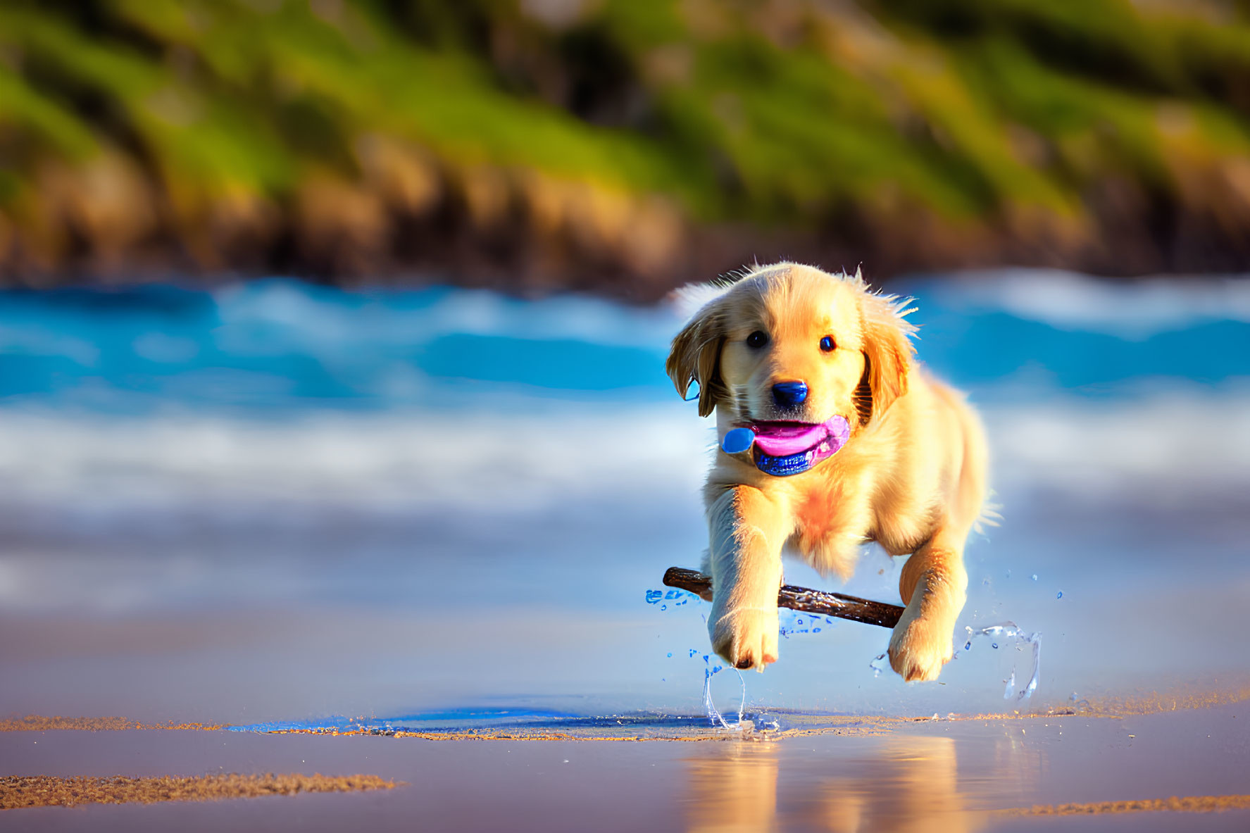 Golden Retriever Puppy Playing with Purple Frisbee on Sandy Beach