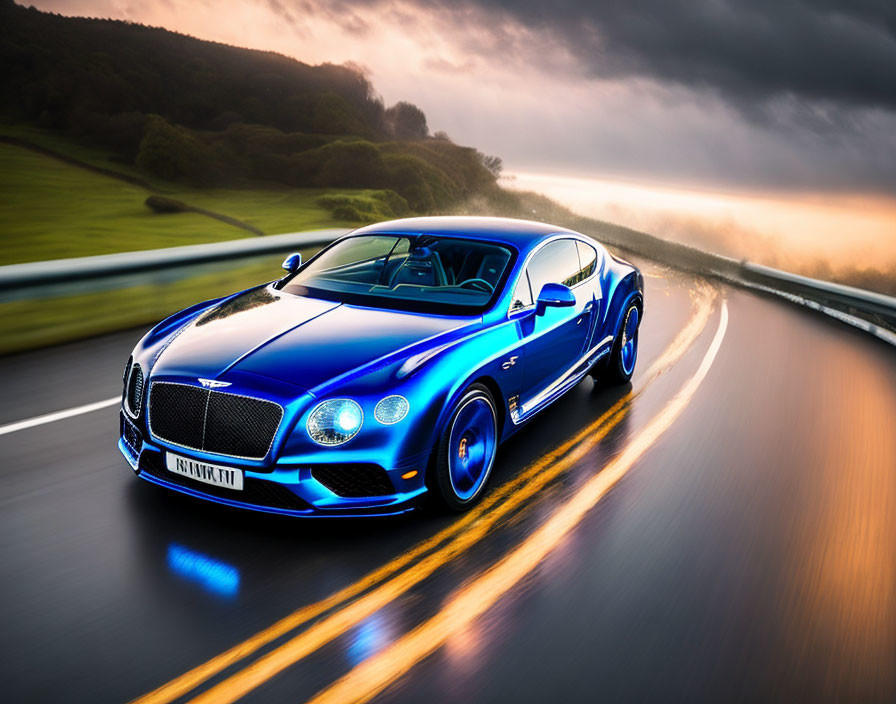 Luxury sports car in blue with motion blur on highway under dramatic cloudy sky