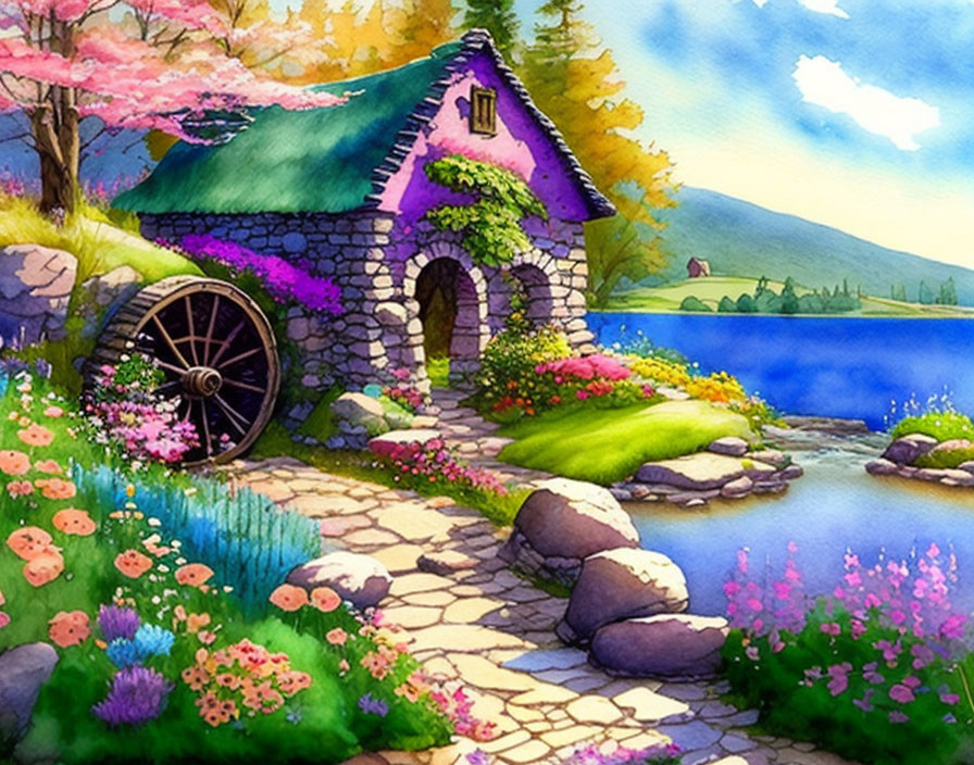 Scenic watercolor painting of stone cottage by lake