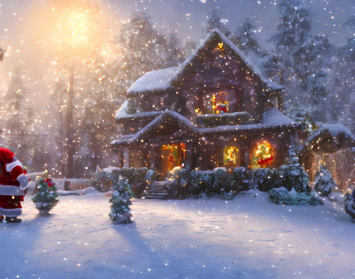 Snowy Evening Scene: Santa Approaching Log Cabin with Christmas Lights