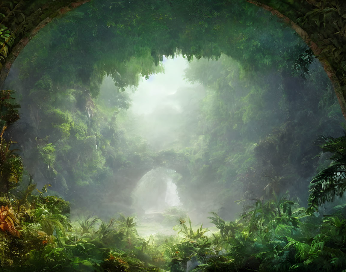 Misty forest view through natural archway