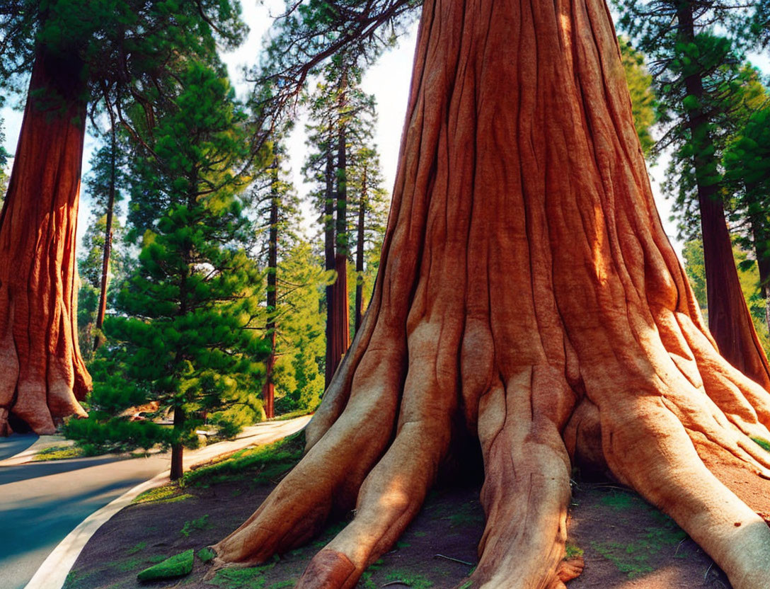 Majestic giant sequoia tree in forest sunlight