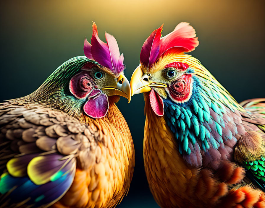 Vibrantly colored stylized chickens with detailed feathers on dark background