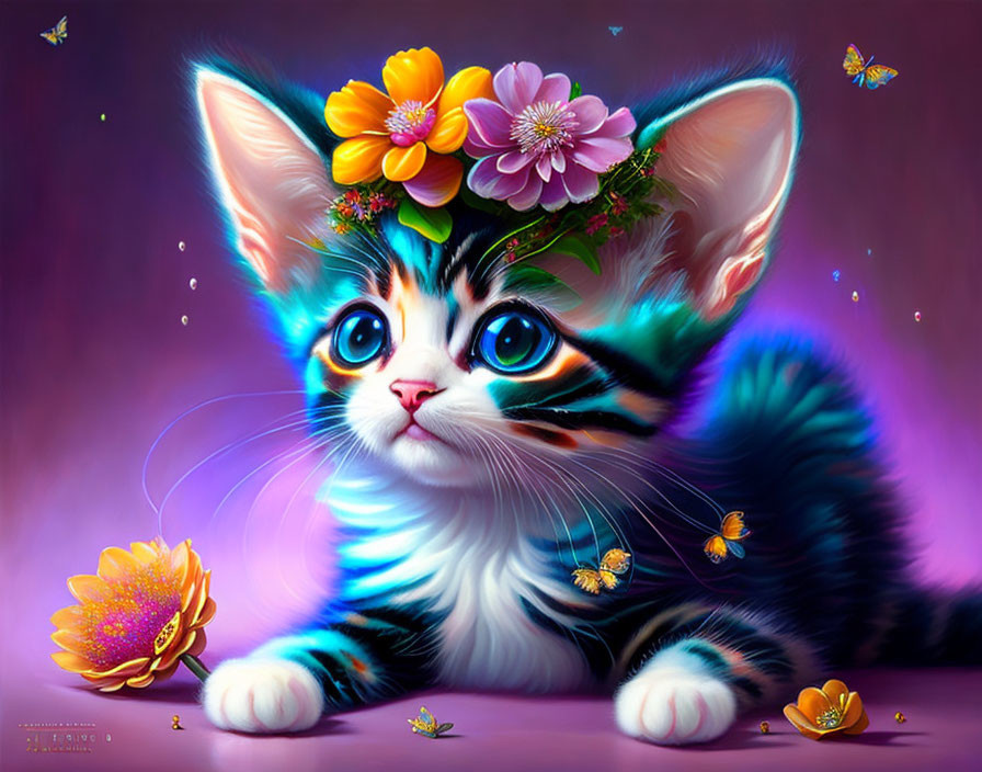 Vibrant Illustration of Cute Kitten with Blue Eyes and Floral Decorations