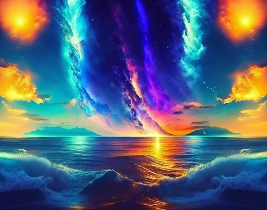 Surreal seascape with mirrored effect, vivid sunset, galaxy, and ocean waves