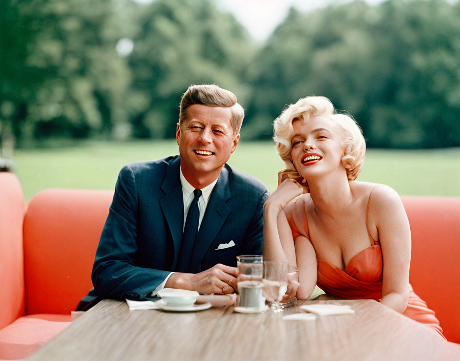 Man in suit and woman with blonde hair laughing at red booth in sunny park.