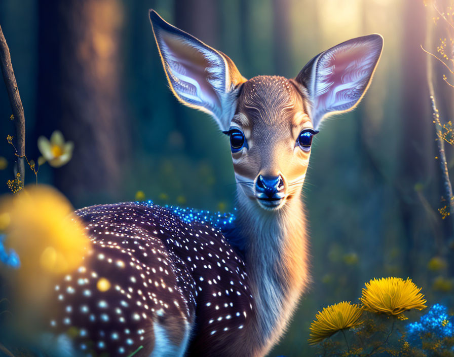 Digitized fawn in mystical forest with glowing flowers