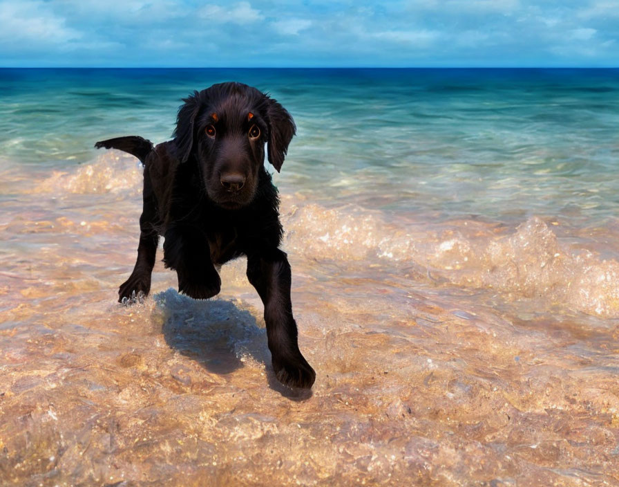 Black Puppy Playing in Shallow Ocean Water with Clear Blue Sky