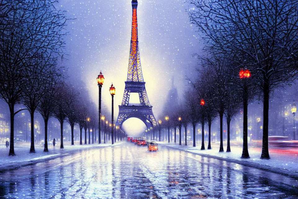 Snowy Night Scene: Eiffel Tower Illuminated, Street Lamps, Trees, Car Lights