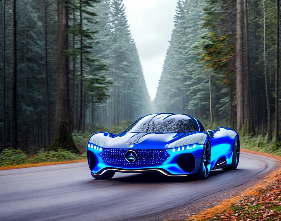 Futuristic blue sports car on winding forest road