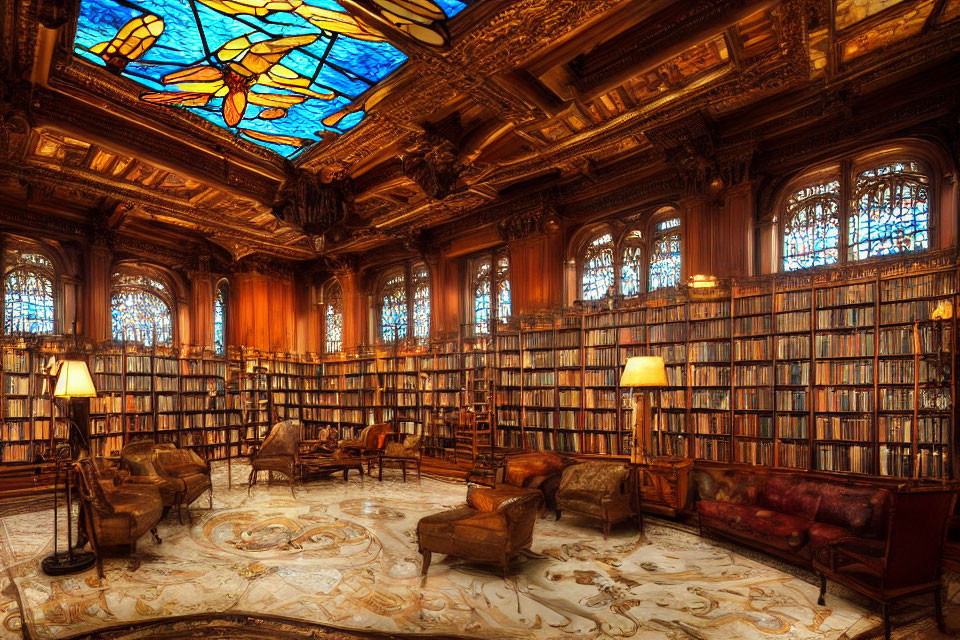 Luxurious wooden library with stained-glass ceiling and leather seating