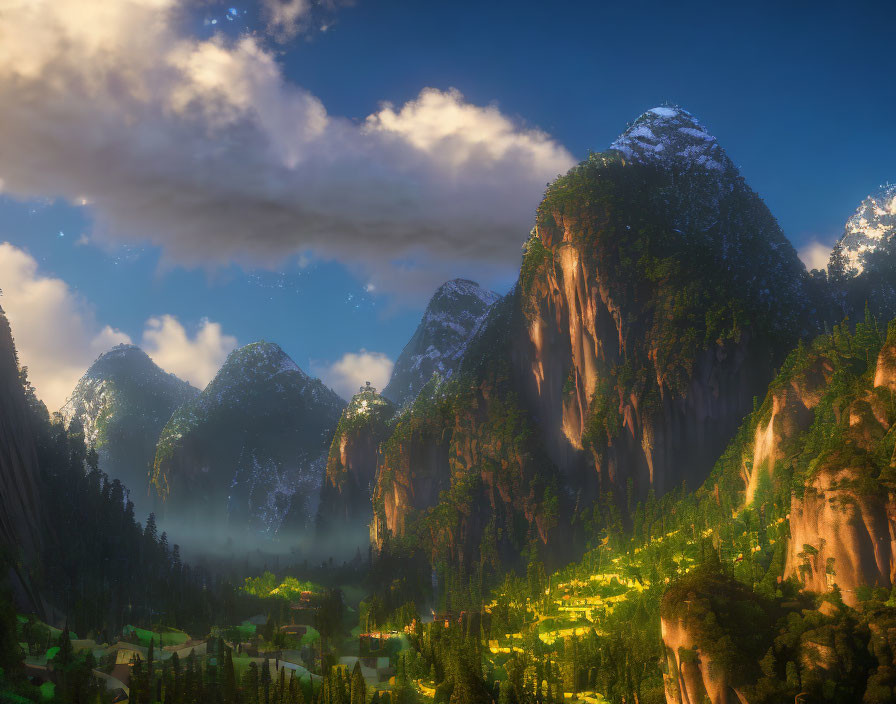 Misty forest valley with majestic mountain peaks at sunrise or sunset