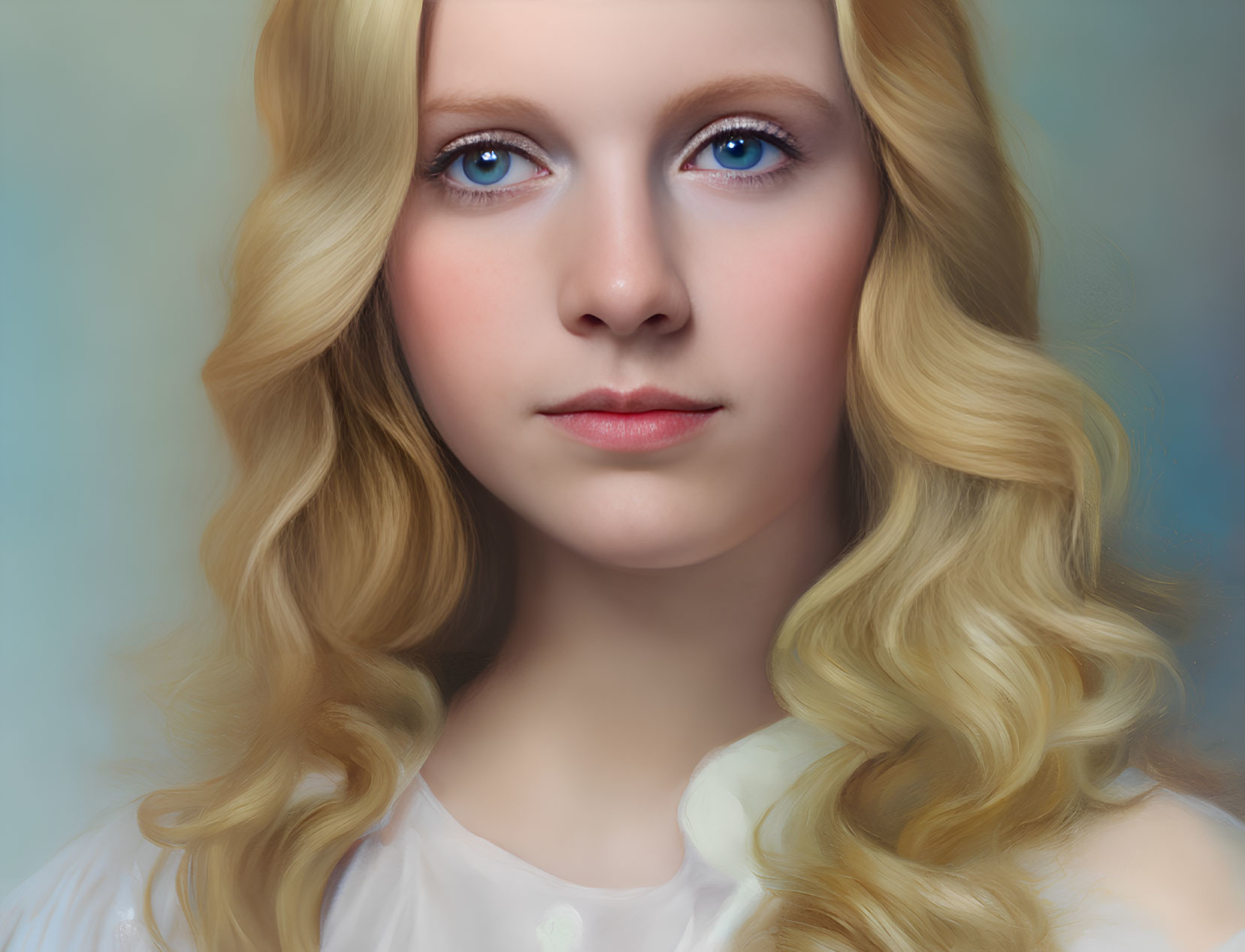 Young Woman Portrait: Long Curly Blonde Hair, Blue Eyes, Fair Skin